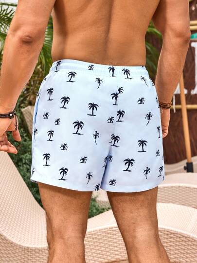 Manfinity Swimmode شورت بطبعة أشجار النخيل وخصر رباط للرجال, بجيب، لحياة الشاطئ، هاواي
