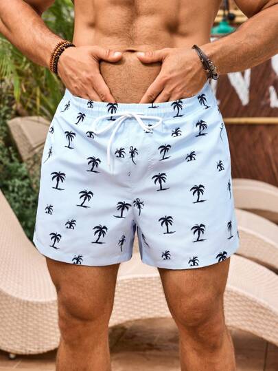 Manfinity Swimmode شورت بطبعة أشجار النخيل وخصر رباط للرجال, بجيب، لحياة الشاطئ، هاواي