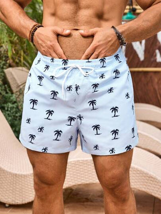 Manfinity Swimmode شورت بطبعة أشجار النخيل وخصر رباط للرجال, بجيب، لحياة الشاطئ، هاواي