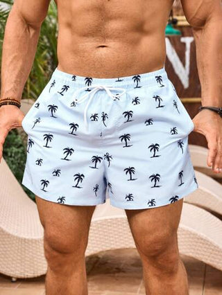 Manfinity Swimmode شورت بطبعة أشجار النخيل وخصر رباط للرجال, بجيب، لحياة الشاطئ، هاواي