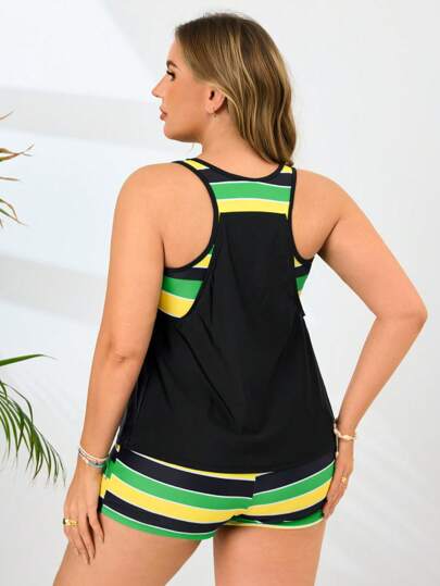 طقم تانكيني حريمي Swim Lushoire مجموعة بكامل الحجم لامرأة تتكون من توب كامي مطبوع بعلم البرازيل والحروف وشورت تانكيني للسباحة