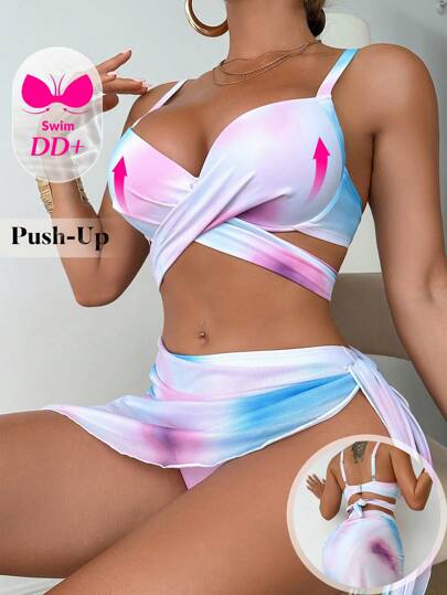 طقم تانكيني حريمي Swim DD+ طقم ملابس سباحة للنساء 3 قطع - ملابس علوية من طراز تانكيني، سروال مثلث، وساري