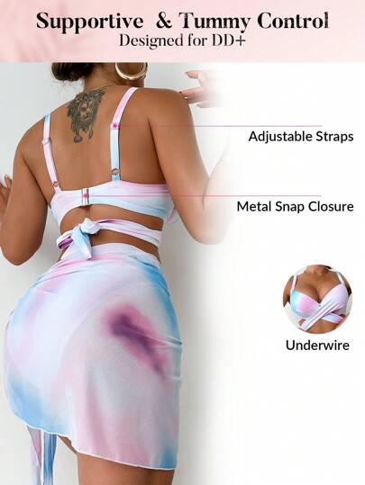 طقم تانكيني حريمي Swim DD+ طقم ملابس سباحة للنساء 3 قطع - ملابس علوية من طراز تانكيني، سروال مثلث، وساري