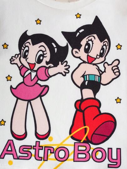 Astro Boy X  طقم بنوتة صيفي مكون من تي شيرت ابيض قصير الأكمام مكتوب عليه رسوم كرتونية جذابة وشورت أزرق مصنوع من قماش الجينز المزيف