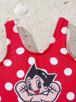 Astro Boy X  بدلة سباحة قطعة واحدة بياقة عميقة للبنات، بطبعات نقط وكرتونية