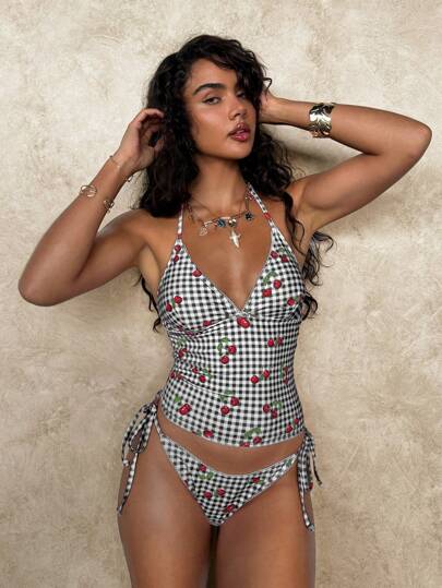 طقم تانكيني حريمي Swim Mod طقم بكيني كرز ذو نمط مربع نسيج، صيفي