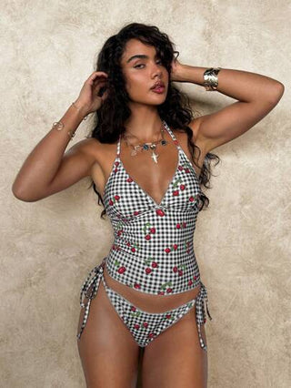 طقم تانكيني حريمي Swim Mod طقم بكيني كرز ذو نمط مربع نسيج، صيفي