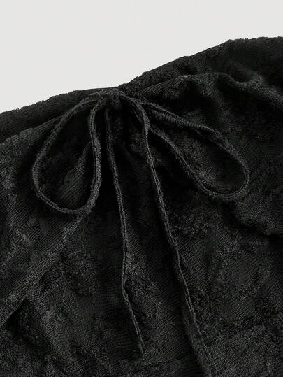 SHEIN MOD فستان نسائي أسود من الدانتيل بأكمام طويلة منسدلة على الكتفين وربطة أمامية، مقاس S، فستان حفلات، فستان عيد الحب، فستان ضيق