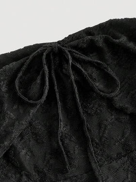 SHEIN MOD فستان نسائي أسود من الدانتيل بأكمام طويلة منسدلة على الكتفين وربطة أمامية، مقاس S، فستان حفلات، فستان عيد الحب، فستان ضيق