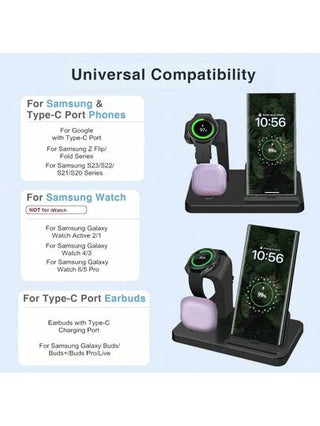 محطة شحن متوافقة مع أجهزة سامسونج المتعددة ، حامل شحن USB C ب- 3 في 1 لهواتف Galaxy S25/S24/S24 Ultra/S24+/S23 Ultra/S22/S21/Note20/10/Z Flip 6/5/4 Z Fold 6/5/4 والسماعات اللاسلكية Galaxy Buds وساعات Galaxy Watch Ultra/7/6/5/5 Pro/4/3/Active 2/1 وهواتف آي