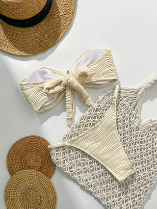 طقم تانكيني حريمي Swim مجموعة بكيني ملابس السباحة المكونة من 2 قطعة، توب بدون حمالات وسراويل جاكار موحد اللون مزينة بزخرفة معدنية للنساء في الصيف، للشاطئ والعطلات