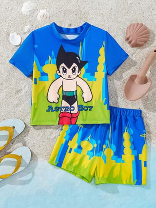 مايوه أولادي Astro Boy X  مجموعة ملابس سباحة للأولاد الصغار في العطلة الصيفية، تتكون من ملابس علوية بأكمام قصيرة ورسوم كرتونية وشورت