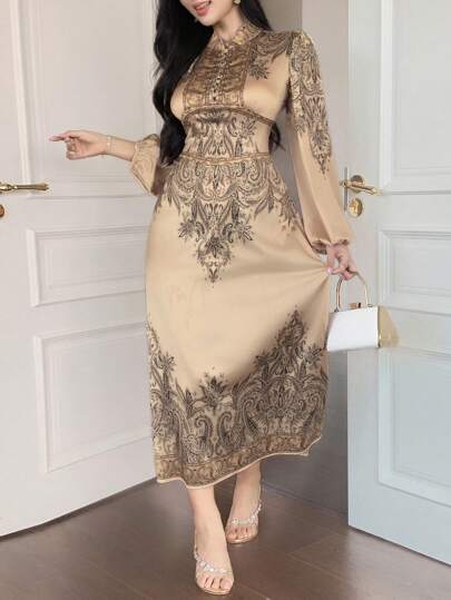 DAZY فستان أنيق بأنماط زهرية وأكمام طويلة وتصميم ملون للنساء، مناسب لحفلات الزفاف والمناسبات الصيفية وأعياد الميلاد وحفلات الاحتفال