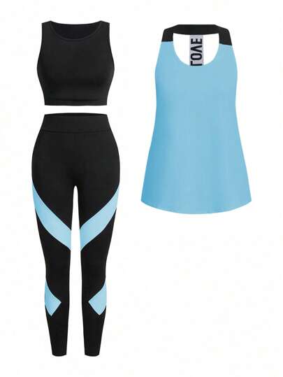 SHEIN Sport Studio طقم ملابس رياضية صيفية للنساء بياقة طاقم بدون أكمام ومتعدد الألوان