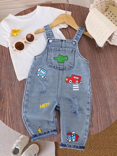 SHEIN Playful Pals قطعة واحدة جمبسوت جينز للأولاد الرضع، طباعة كرتونية جميلة للديناصور والسيارة والحرف، جمبسوت كاجوال مع تي شيرت/قميص مطابق، أشرطة قابلة للتعديل، ملابس صيفية عصرية للاستخدام اليومي