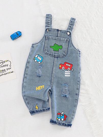 SHEIN Playful Pals قطعة واحدة جمبسوت جينز للأولاد الرضع، طباعة كرتونية جميلة للديناصور والسيارة والحرف، جمبسوت كاجوال مع تي شيرت/قميص مطابق، أشرطة قابلة للتعديل، ملابس صيفية عصرية للاستخدام اليومي