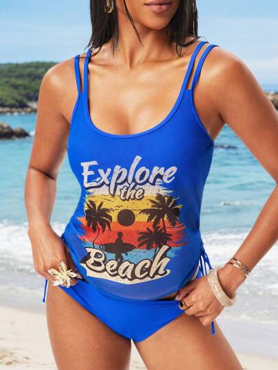 طقم تانكيني حريمي Swim Vcay مجموعة بكيني من قطعتين للنساء مع طباعة زهرية حزام رفيع وأسفل قابل للتعديل بارتفاع الخصر، حقوق الطبع والنشر محفوظة، مجموعة العطلات