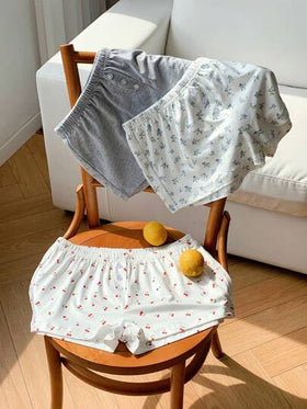 Comfortcana مجموعة 3 قطع شورت قصير مريح منخفض الخصر مصنوع من الأقمشة المحبوكة بنمط الكرز للصيف
