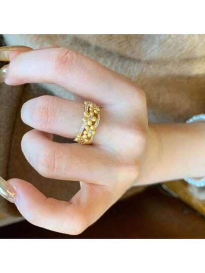 خاتم زهرة مرصع بالزركونيا قابل للتعديل، بطبقة ذهبية 18 قيراط، أنيق للسيدات