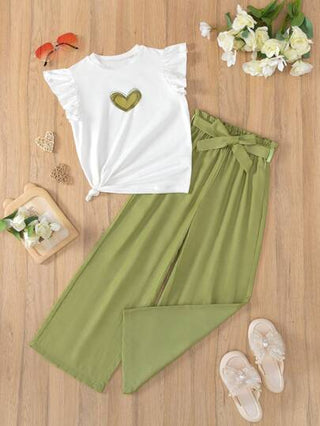 girls-sets طقم قميص T-shirt مطبوع بقلب وبنطلون ذو ساق واسعة كاجوال للفتيات المراهقات