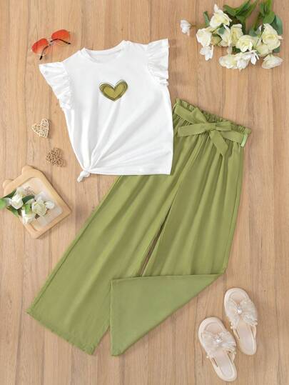 girls-sets طقم قميص T-shirt مطبوع بقلب وبنطلون ذو ساق واسعة كاجوال للفتيات المراهقات
