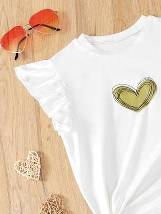 girls-sets طقم قميص T-shirt مطبوع بقلب وبنطلون ذو ساق واسعة كاجوال للفتيات المراهقات