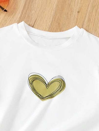 girls-sets طقم قميص T-shirt مطبوع بقلب وبنطلون ذو ساق واسعة كاجوال للفتيات المراهقات
