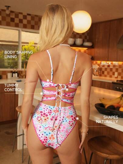 مايوه حريمي قطعة واحدة Shapewave ملابس السباحة المطبوعة الملونة بتصميم الحافة المحبوكة للسيدات
