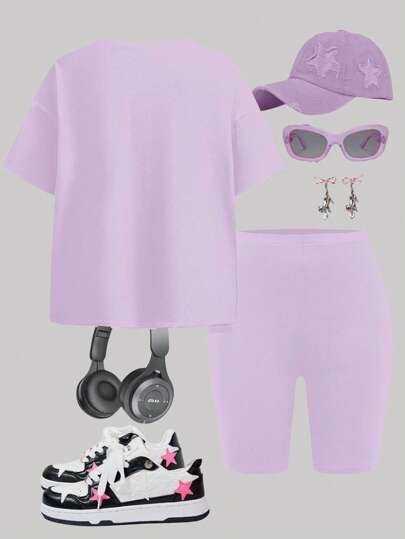 girls-sets طقم تي شيرت كم قصيرة وشورت قطعتين للفتيات البالغات، بتصميم بسيط وعصري، مناسب للصيف