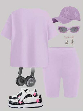 girls-sets طقم تي شيرت كم قصيرة وشورت قطعتين للفتيات البالغات، بتصميم بسيط وعصري، مناسب للصيف