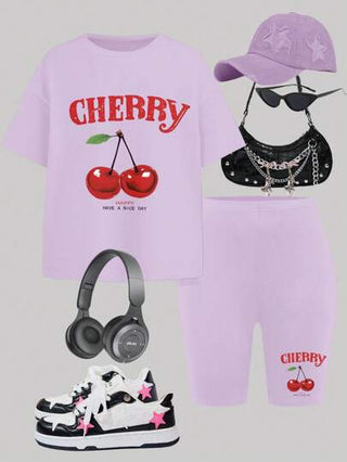 girls-sets طقم تي شيرت كم قصيرة وشورت قطعتين للفتيات البالغات، بتصميم بسيط وعصري، مناسب للصيف