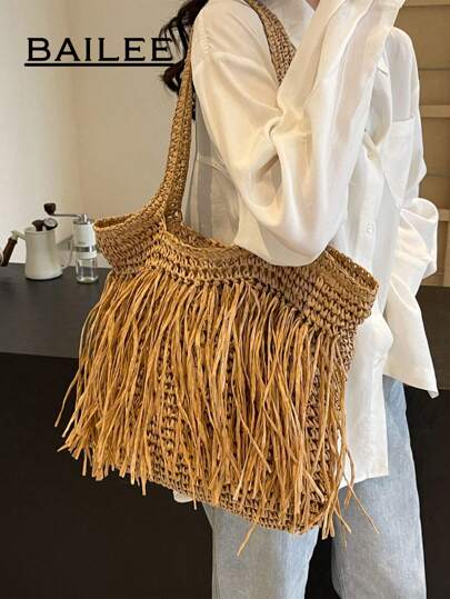 BAILEE قطعة واحدة عصرية وذات سعة كبيرة، لون أحادي، حقيبة شاطئ مصنوعة من حشيشة منسوجة بتصميم مجوف وشرابات كبيرة، خفيفة الوزن وقابلة للطي بمقابض مزدوجة، مناسبة للنساء في الإجازات والعطلات والعمل اليومي والتسوق مع الأصدقاء والملابس العصرية