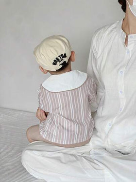 SHEIN طقم قميص بولو قصير الأكمام مخطط مع شورت بسيط مناسب للأطفال الرضع/الصبية في الصيف، مناسب لحفلات العائلة في الصيف أو الأنشطة المنزلية أو الخارجية