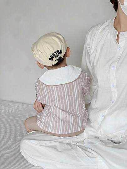SHEIN طقم قميص بولو قصير الأكمام مخطط مع شورت بسيط مناسب للأطفال الرضع/الصبية في الصيف، مناسب لحفلات العائلة في الصيف أو الأنشطة المنزلية أو الخارجية