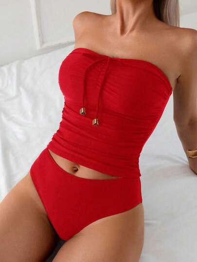 طقم تانكيني حريمي Swim Lushoire ملابس السباحة شانتيكيني بتصميم أنيق رشيق مناسب وقطعة واحدة بلون أحادي، صيفية