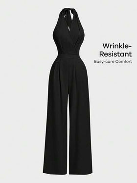SHEIN MOD جمبسوت سيدات اللون الأحادي بحزام عنق مربوط أمامي وساق واسعة، مناسبة للتنقل والكاجوال والأناقة في العمل