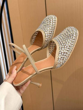 Xin Jing Shoes أحذية نسائية أنيقة ذات كعب عالي، كاجوال وجذاب بتصميم عصري، برؤوس مستديرة مرصعة بالراين ستون وظهر مفرغ، كعب متوسط مناسب للتنقل والمواعدة