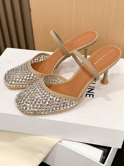 Xin Jing Shoes أحذية نسائية أنيقة ذات كعب عالي، كاجوال وجذاب بتصميم عصري، برؤوس مستديرة مرصعة بالراين ستون وظهر مفرغ، كعب متوسط مناسب للتنقل والمواعدة
