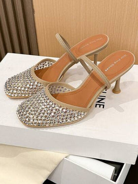 Xin Jing Shoes أحذية نسائية أنيقة ذات كعب عالي، كاجوال وجذاب بتصميم عصري، برؤوس مستديرة مرصعة بالراين ستون وظهر مفرغ، كعب متوسط مناسب للتنقل والمواعدة
