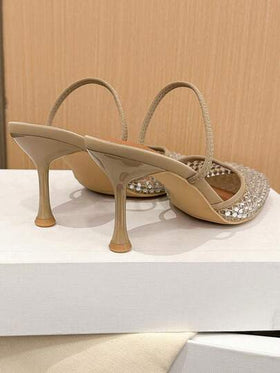 Xin Jing Shoes أحذية نسائية أنيقة ذات كعب عالي، كاجوال وجذاب بتصميم عصري، برؤوس مستديرة مرصعة بالراين ستون وظهر مفرغ، كعب متوسط مناسب للتنقل والمواعدة
