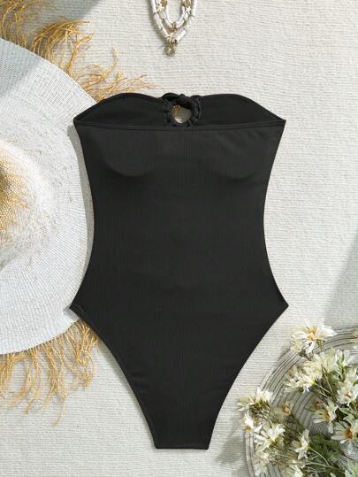 مايوه حريمي قطعة واحدة Swim Vcay 1 قطعة بدلة سباحة أنيقة بتكسير بني مزينة بنسيج المحار للنساء