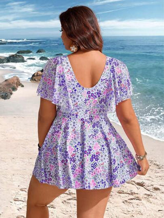 Swim Lushoire مجموعة بدلة سباحة مكونة من ثوب قصير بأكمام وطبعات زهرية صغيرة، مقاس كبير للسيدات