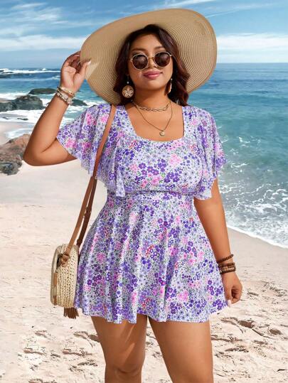 Swim Lushoire مجموعة بدلة سباحة مكونة من ثوب قصير بأكمام وطبعات زهرية صغيرة، مقاس كبير للسيدات