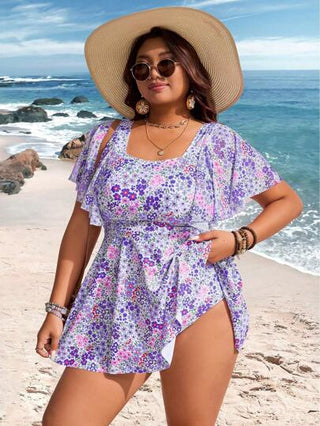 Swim Lushoire مجموعة بدلة سباحة مكونة من ثوب قصير بأكمام وطبعات زهرية صغيرة، مقاس كبير للسيدات