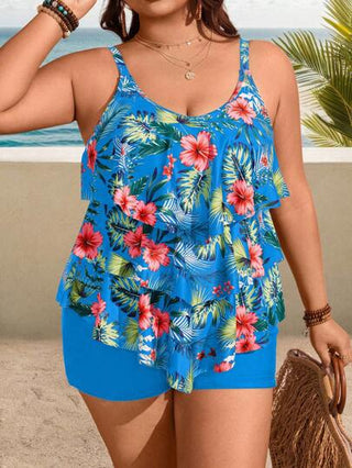 Swim Lushoire قطعتان ، فستان وسروال سباحة كاجوال للعطلات، جيرسيه مطبوع بنقشة النبات بمقاس كبير وسروال كامل أحادي اللون