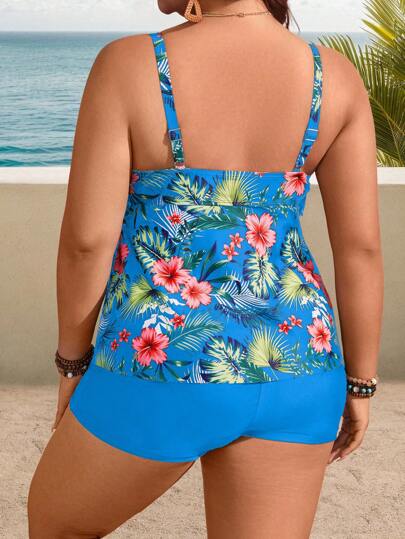 Swim Lushoire قطعتان ، فستان وسروال سباحة كاجوال للعطلات، جيرسيه مطبوع بنقشة النبات بمقاس كبير وسروال كامل أحادي اللون