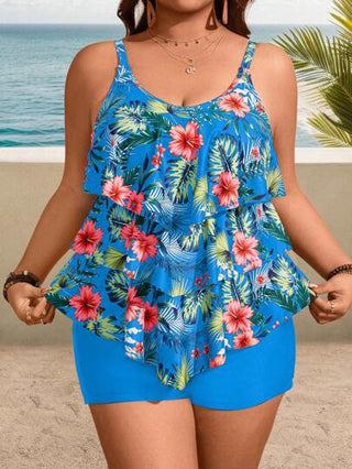Swim Lushoire قطعتان ، فستان وسروال سباحة كاجوال للعطلات، جيرسيه مطبوع بنقشة النبات بمقاس كبير وسروال كامل أحادي اللون