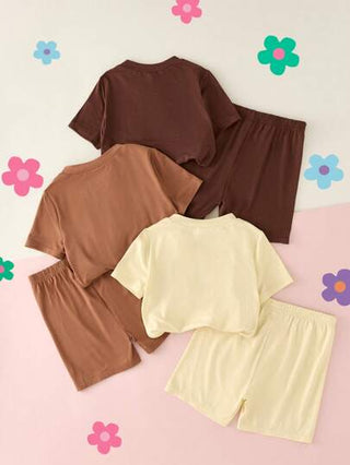 girls-sets 6 قطع طقم تي شيرت والشورت المحبوك للفتيات المراهقات مع نقشة الأحرف
