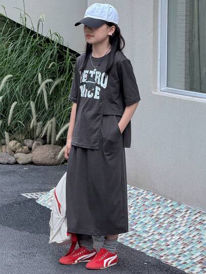 girls-sets DAZY طقم أطفال فتيات من قطعتين (قميص بأكمام قصيرة وتنورة) ذو طبعة زهرية، مقاس كبير (L) للخريف والصيف