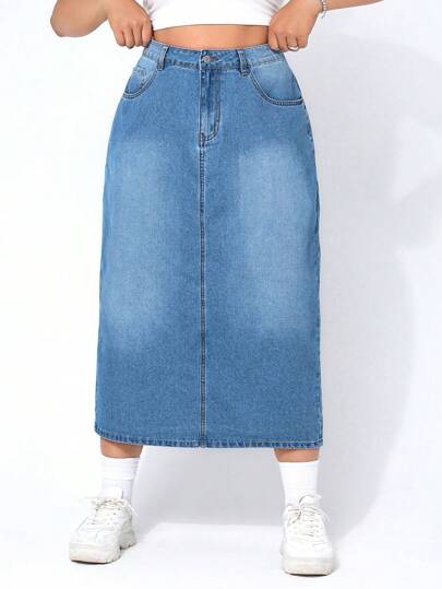 EZwear تنورة دنيم سحاب شق خلفي مقاس كبير